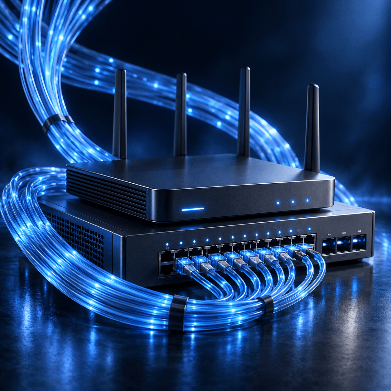 Mavi ışıklı fiber bağlantılarla çevrili ağ anahtarı ve yönlendiricinin kavramsal görseli